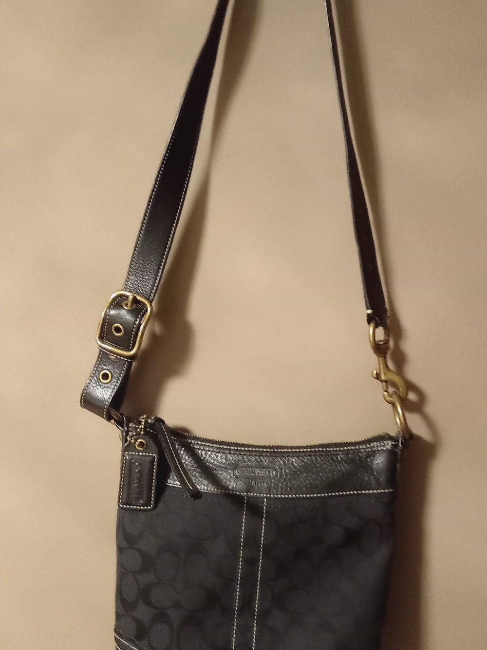Coach Black Signature Canvas Crossbody with Dark Brown Strap and Gold Hardware